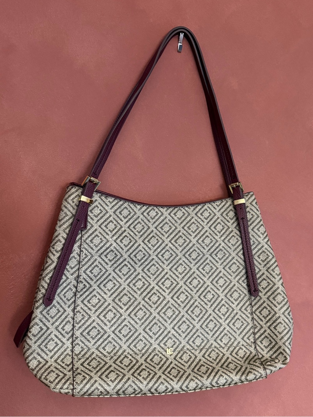 Liz Claiborne Beige/Cream and Brown Geometric Patterned Shoulder Bag Purse Tote
